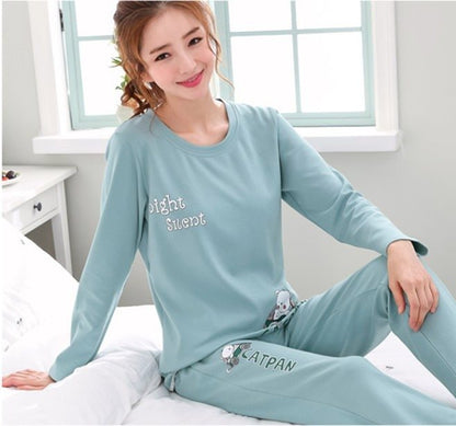 Uzun Kollu Sevimli Karikatürlü Kadın Pijama Takımı- Long Sleeve Pajamas Women Trousers Plus Size Cute Cartoon Home Service Round Neck