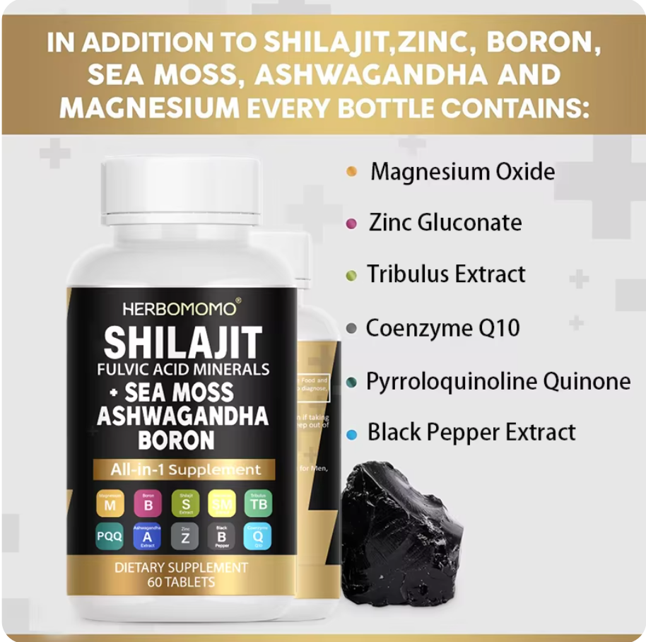 Shilajit Supplement 10,000 mg, Seaweed 6,000 mg, Tribulus, Boron, Magnesium – Non-GMO, Plant-Based, Pure and Organic Supplement – Supports Overall Health, Enhances Sexual Vitality