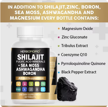 Shilajit Supplement 10,000 mg, Seaweed 6,000 mg, Tribulus, Boron, Magnesium – Non-GMO, Plant-Based, Pure and Organic Supplement – Supports Overall Health, Enhances Sexual Vitality