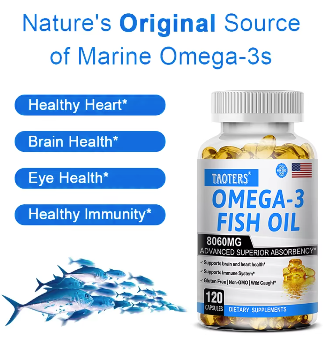 Fish Oil Omega 3 - Helps Improve Eyes, Joints, Antioxidants, Improves Skin Health, Brain Function and Supports Immunity