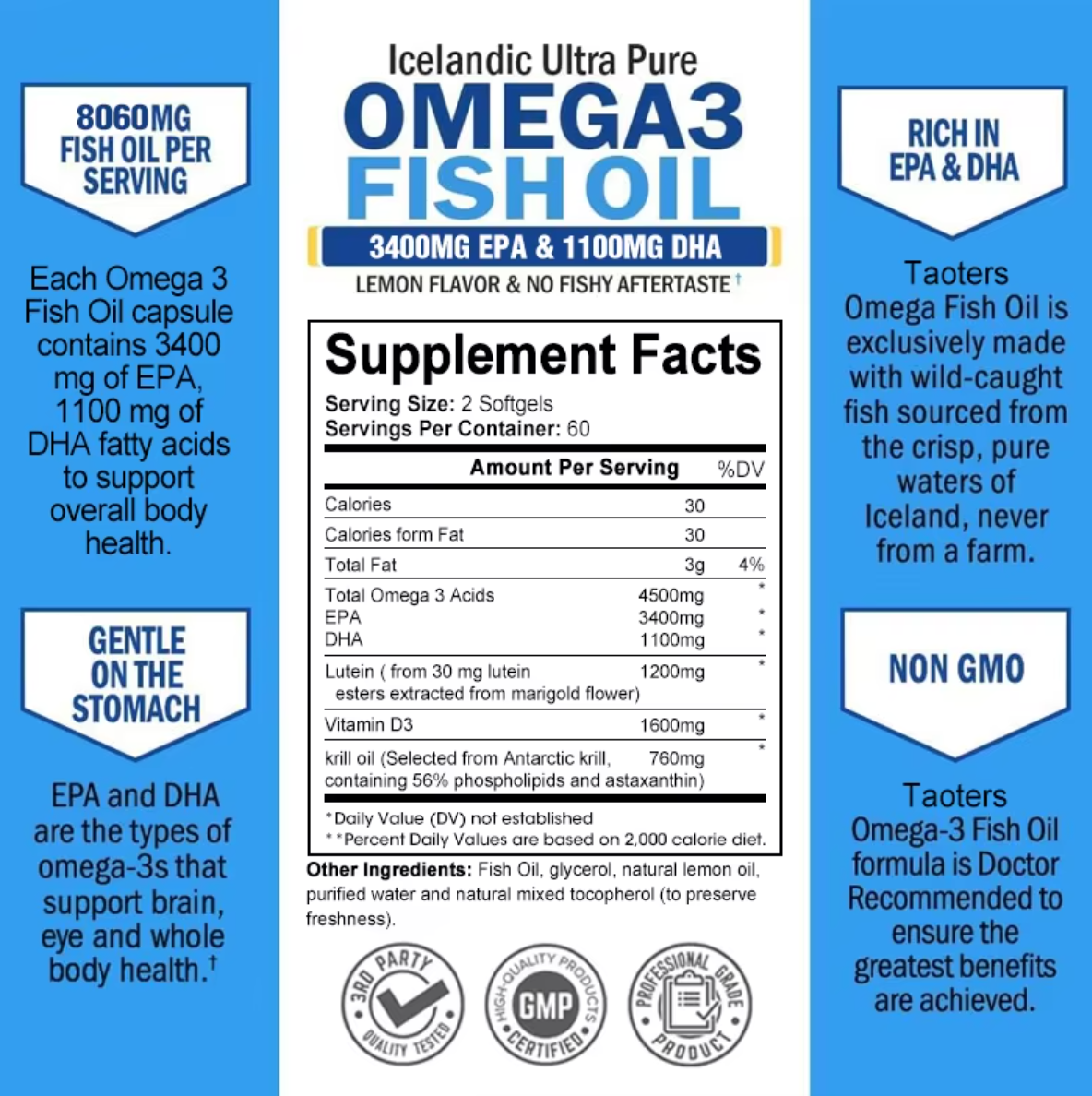 Fish Oil Omega 3 - Helps Improve Eyes, Joints, Antioxidants, Improves Skin Health, Brain Function and Supports Immunity