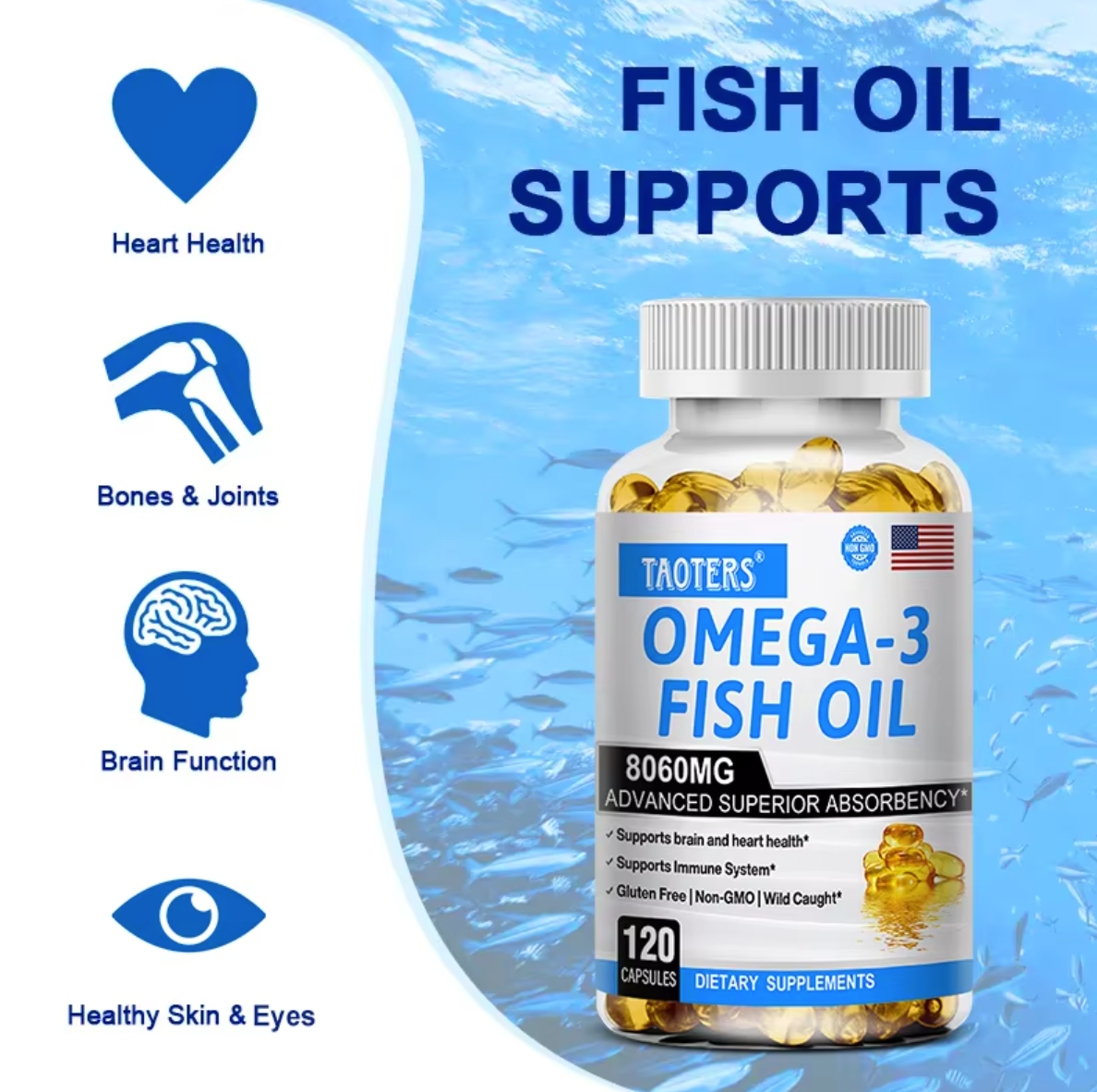 Fish Oil Omega 3 - Helps Improve Eyes, Joints, Antioxidants, Improves Skin Health, Brain Function and Supports Immunity