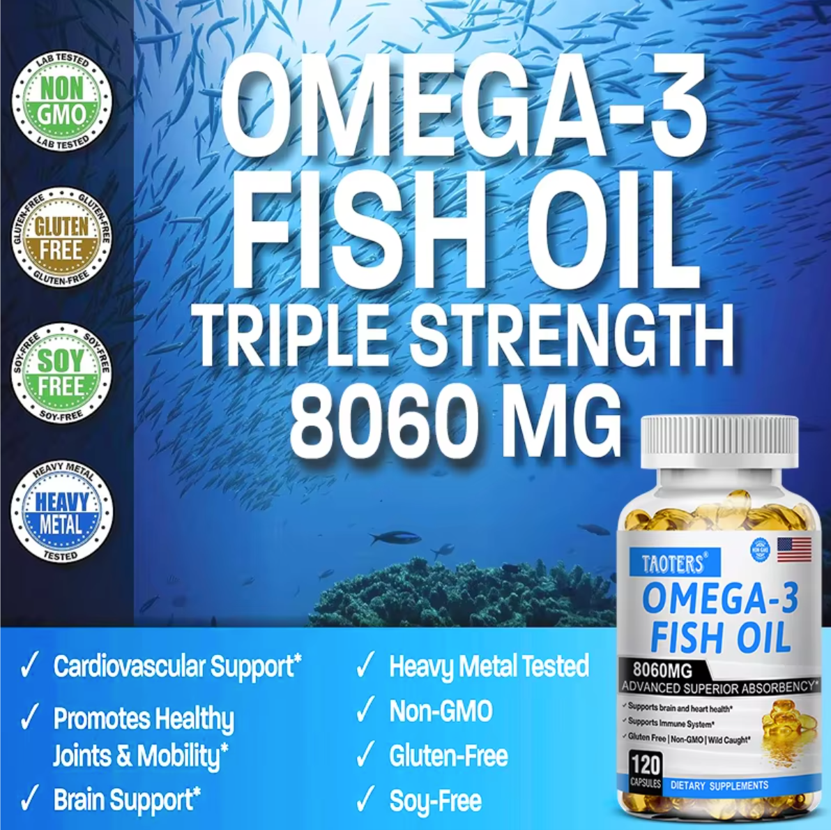 Fish Oil Omega 3 - Helps Improve Eyes, Joints, Antioxidants, Improves Skin Health, Brain Function and Supports Immunity