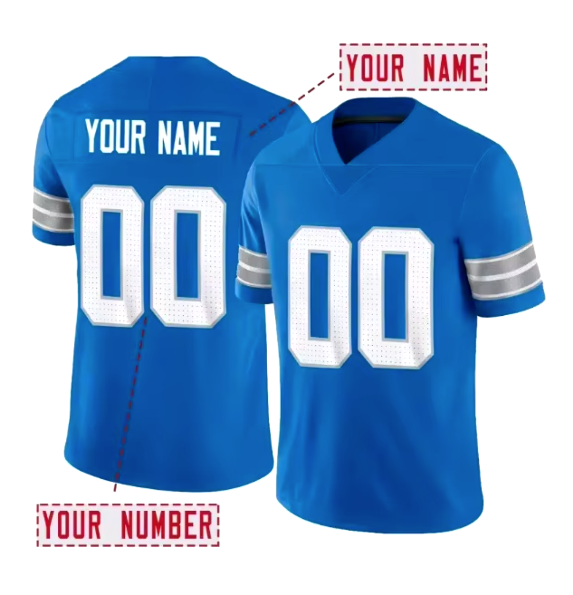 Detroit Blue V-Neck Personalized American Football Jersey - Customized Name and Number