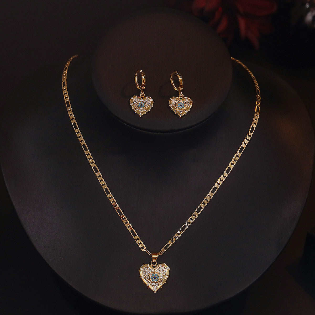 Fashion Jewelry Real Gold-Plated Heart-Shaped Zircon Necklace and Earring Set