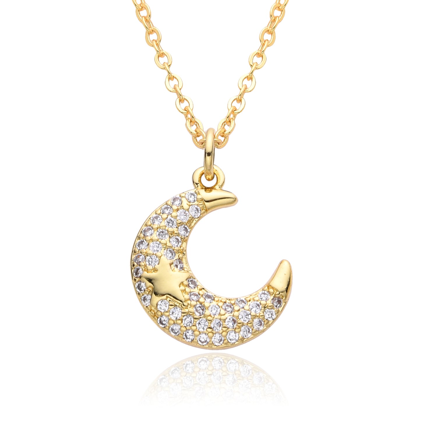 Full Diamond Crescent Moon Pendant Necklace with Micro Pave Setting