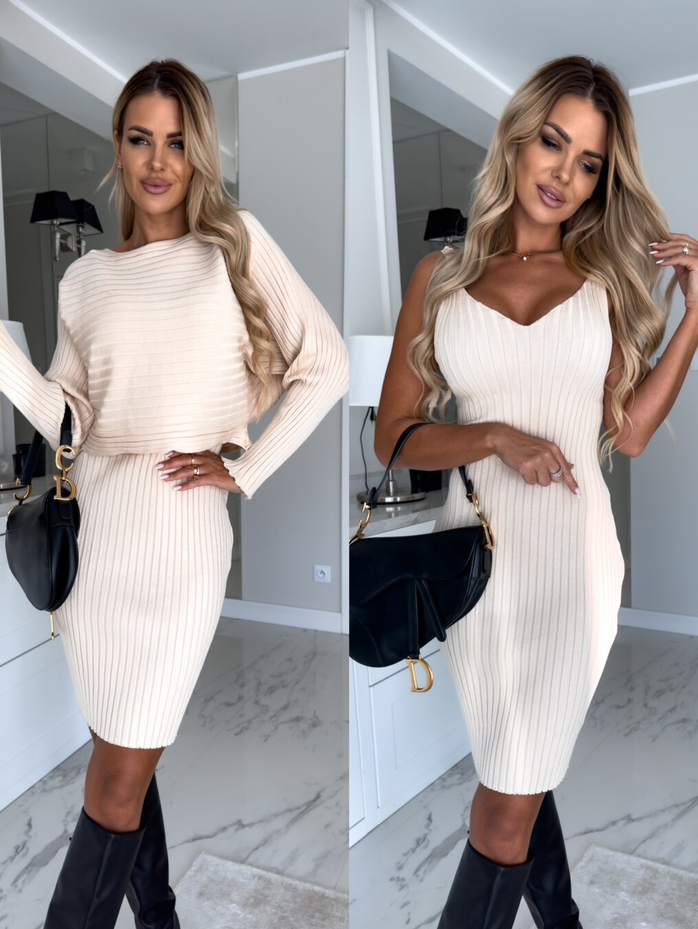 2-Piece Suit with Striped Long-Sleeve Top and Bodycon Strap Skirt - Fashionable Fall/Winter Outfit