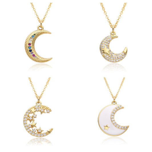 Full Diamond Crescent Moon Pendant Necklace with Micro Pave Setting