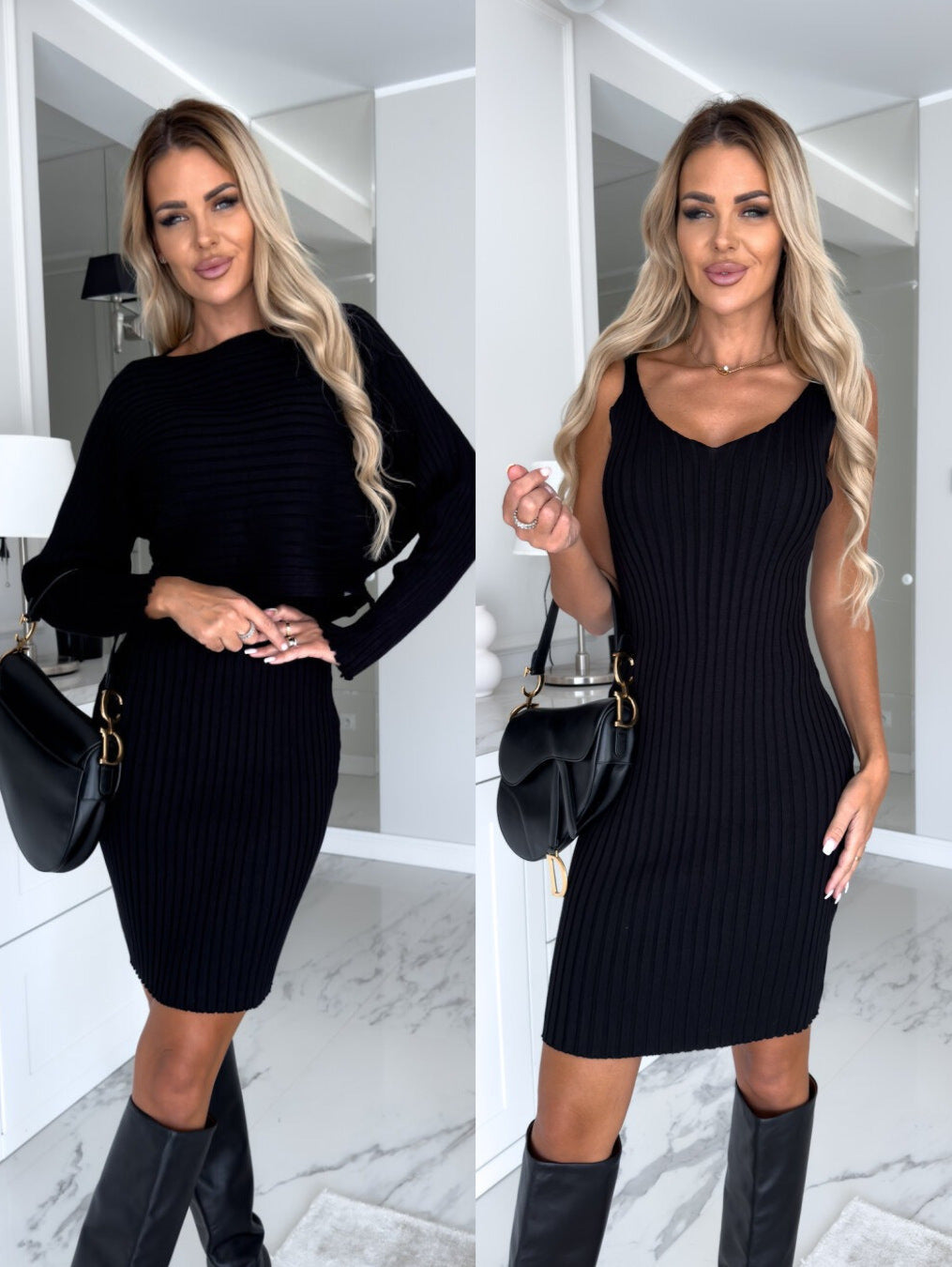 2-Piece Suit with Striped Long-Sleeve Top and Bodycon Strap Skirt - Fashionable Fall/Winter Outfit