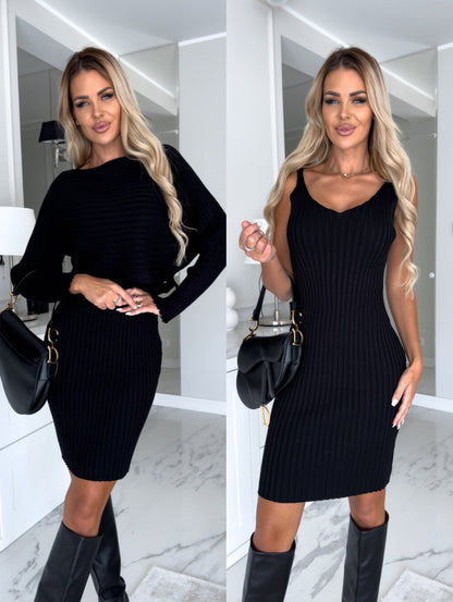 2-Piece Suit with Striped Long-Sleeve Top and Bodycon Strap Skirt - Fashionable Fall/Winter Outfit