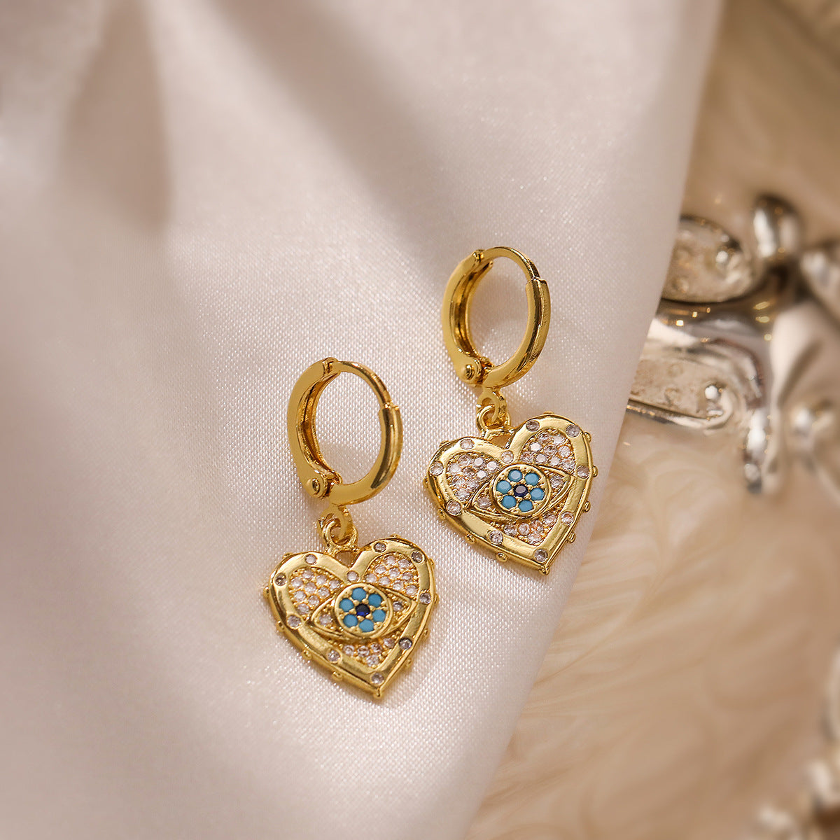 Fashion Jewelry Real Gold-Plated Heart-Shaped Zircon Necklace and Earring Set