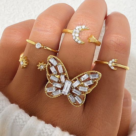 Silver Butterfly Vintage Metal Double Finger Ring Set