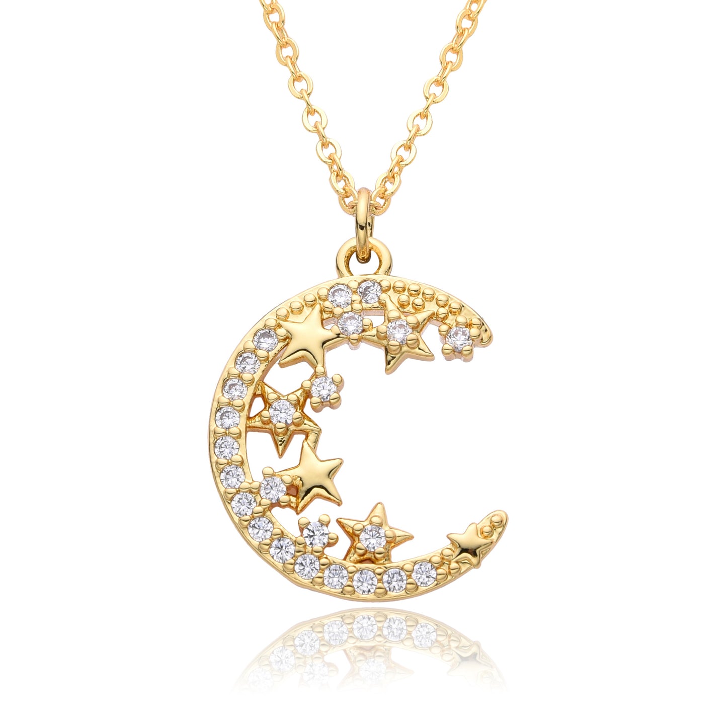 Full Diamond Crescent Moon Pendant Necklace with Micro Pave Setting