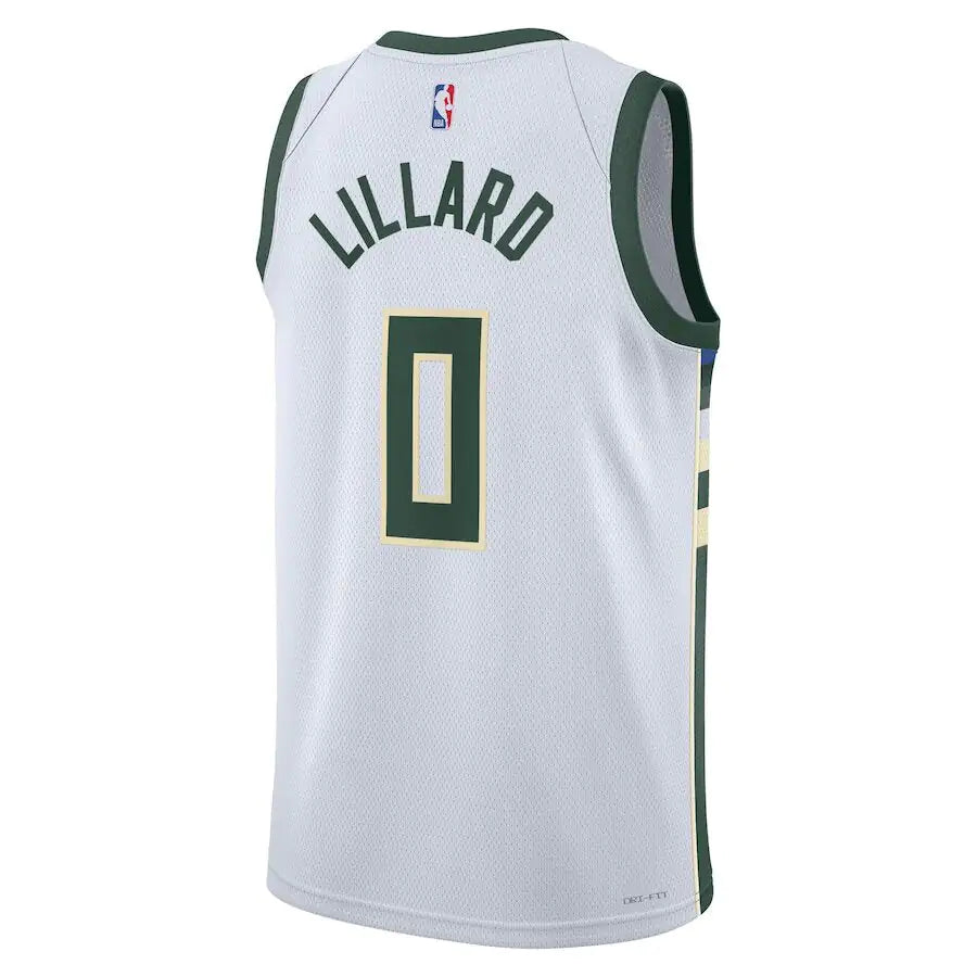 Camiseta blanca de Damian Lillard de los Milwaukee Bucks para hombre