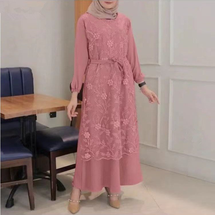 Round Neck Floral Lace Hijab Dress