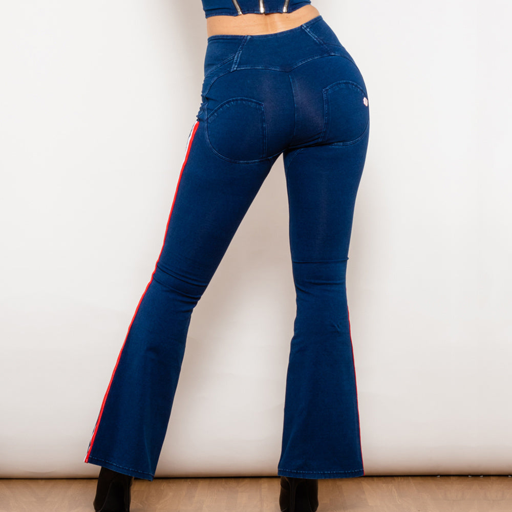 Dark Blue Striped Flared Lift Jeggings Button Up Jeans Bum Lift Jeans High Waist Flare Jeans Women