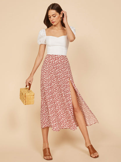 Flower Print High Waist Stretch Split Long A-Line Polka Dot Skirt Women