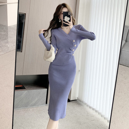 Design Sense Slim Fit Temperament Hip Skirt Waist Slimming Knitted Dress Women