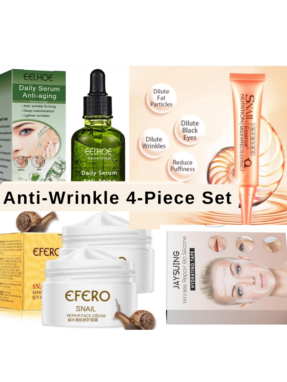 WRINKLE DEFENCE 4-PRODUCT PACK - Snail Extract Cream, Centella and Vitamin C Serum, Snail Extract Eye Cream, Collagen and Vitamin E Face Lifting Mask