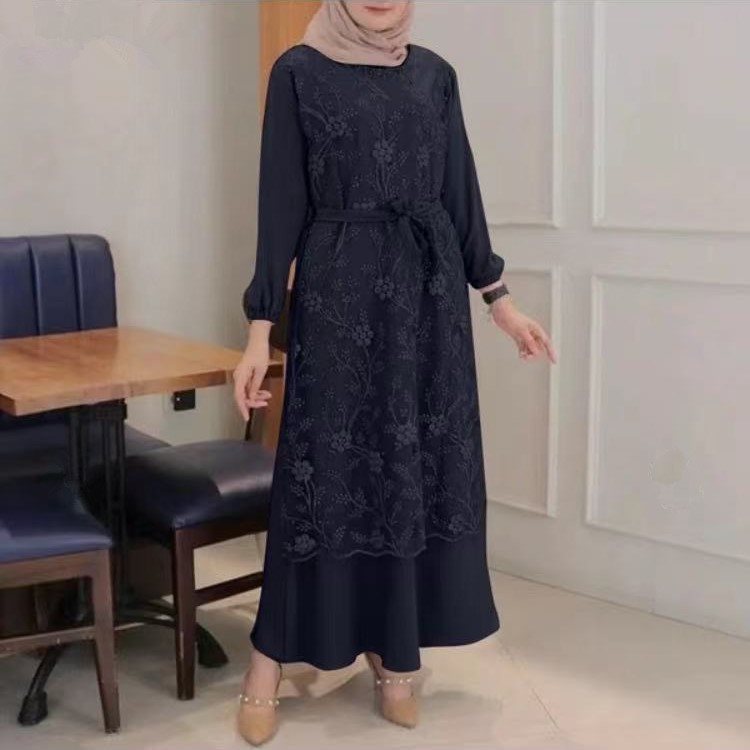 Round Neck Floral Lace Hijab Dress