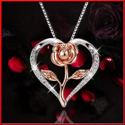 Zircon Heart Rose Silver Necklace