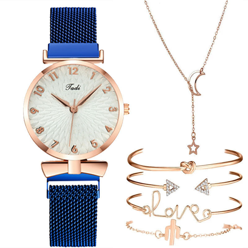 Comfort Gift Set: Woven Disk Belt, Quartz Watch, Necklace, Bracelet Set - 6-Piece Set