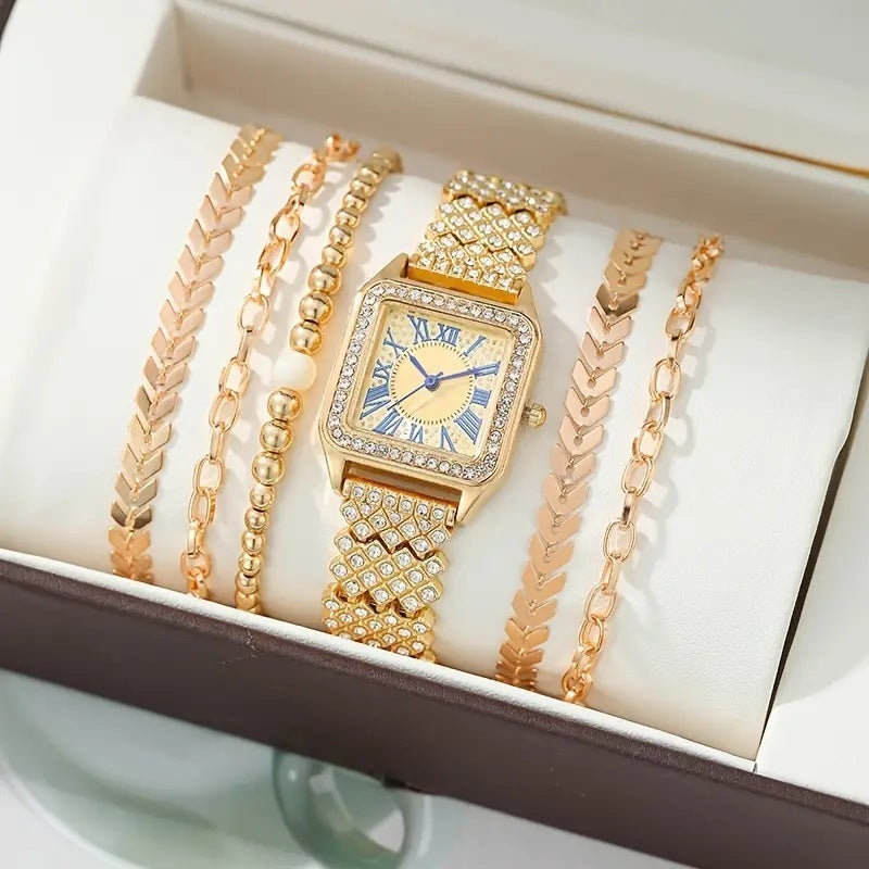 The English name for the product could be: "Fully Jeweled Small Square Watch and Bracelets Set - 6-Piece Set"