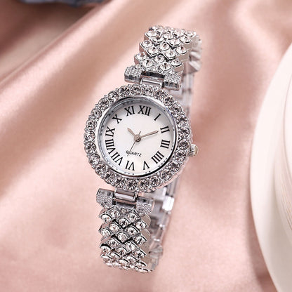 Fashion Luxury Diamond Quartz Watch and Double-Layered Diamond Bracelet Set