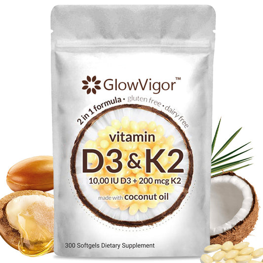 GlowVigor 2-in-1 Vitamin D3 K2 Supplement Softgel, 9999 IU VIT D3 200 MCG Vitamin K2, Free Of GMO, Gluten, Soy, Bone Health, Cardiovascular Health Support, Aiding In Calcium Absorption, 300 Pcs - ONLY USA