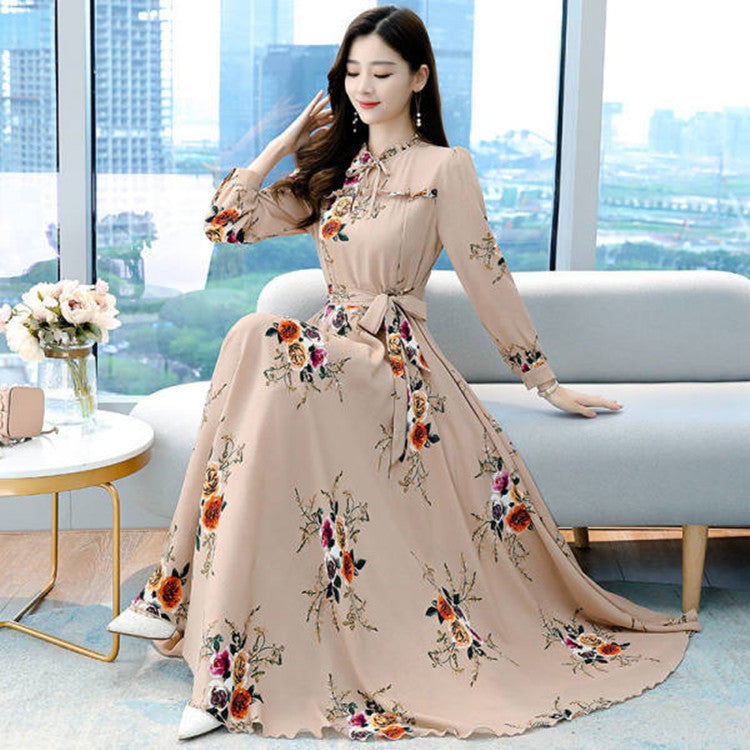 Women's Long Sleeve Slim Waist Printed Dress