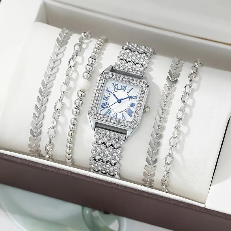 The English name for the product could be: "Fully Jeweled Small Square Watch and Bracelets Set - 6-Piece Set"