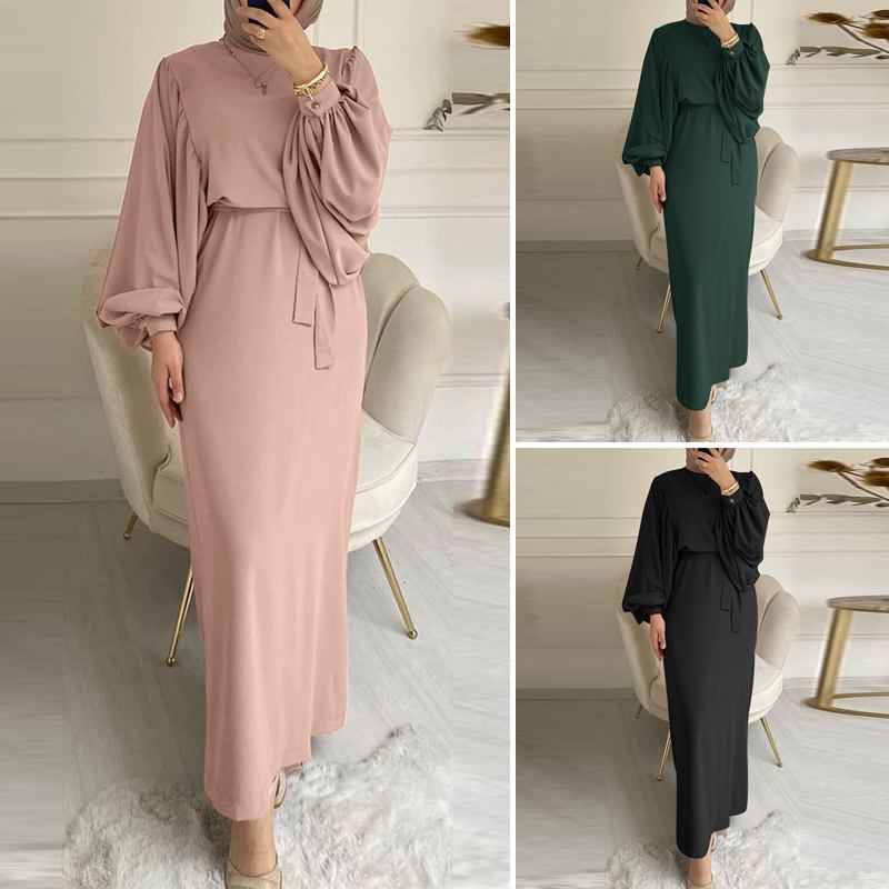 Plain Color Long Sleeve Casual Hijab Suitable Dress Robe Dress