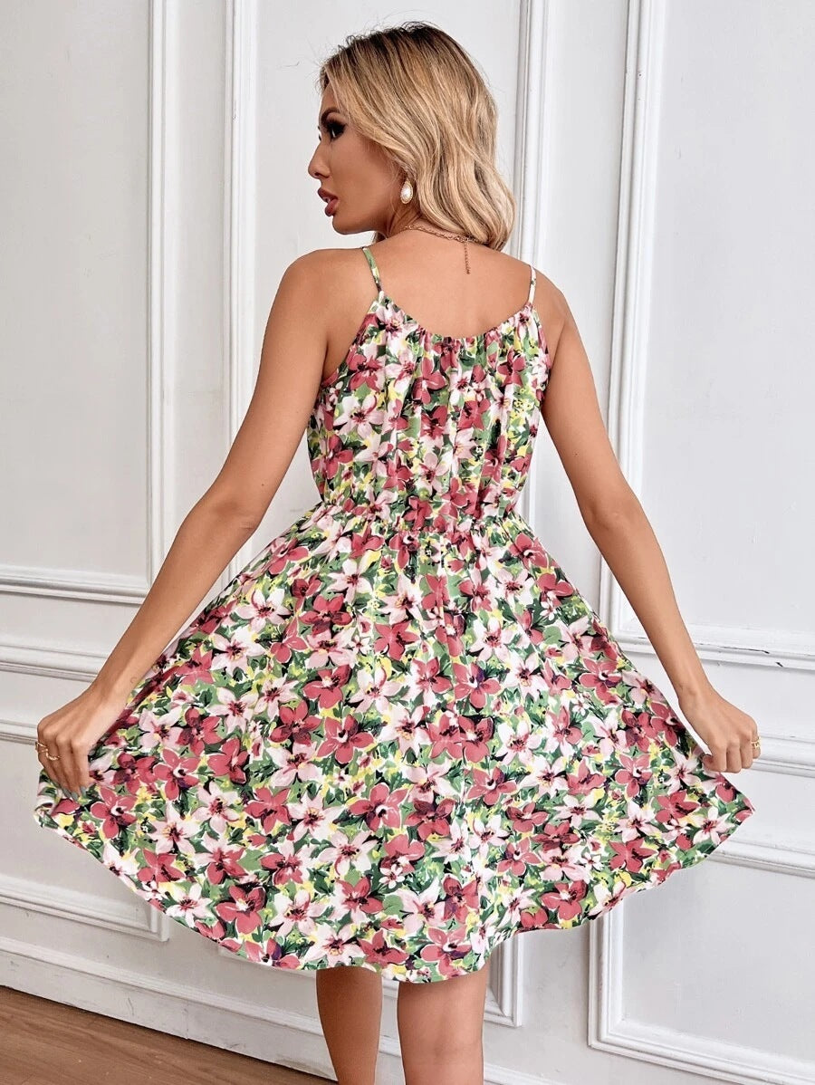 Elastic Belli Çiçekli Mini Elbise - Vestido De Tirantes Con Estampado Floral Y Diseño De Cintura Elástica Vestidos Cortos De Moda De Verano Ropa De Mujer