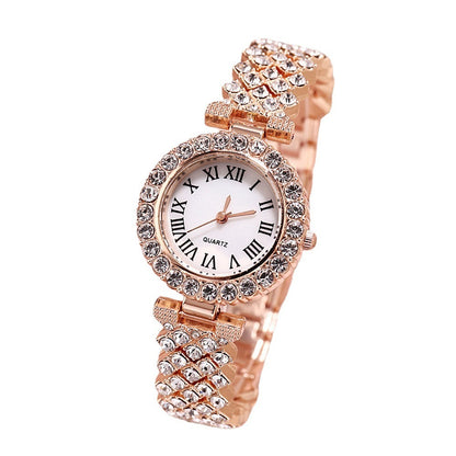 Fashion Luxury Diamond Quartz Watch and Double-Layered Diamond Bracelet Set