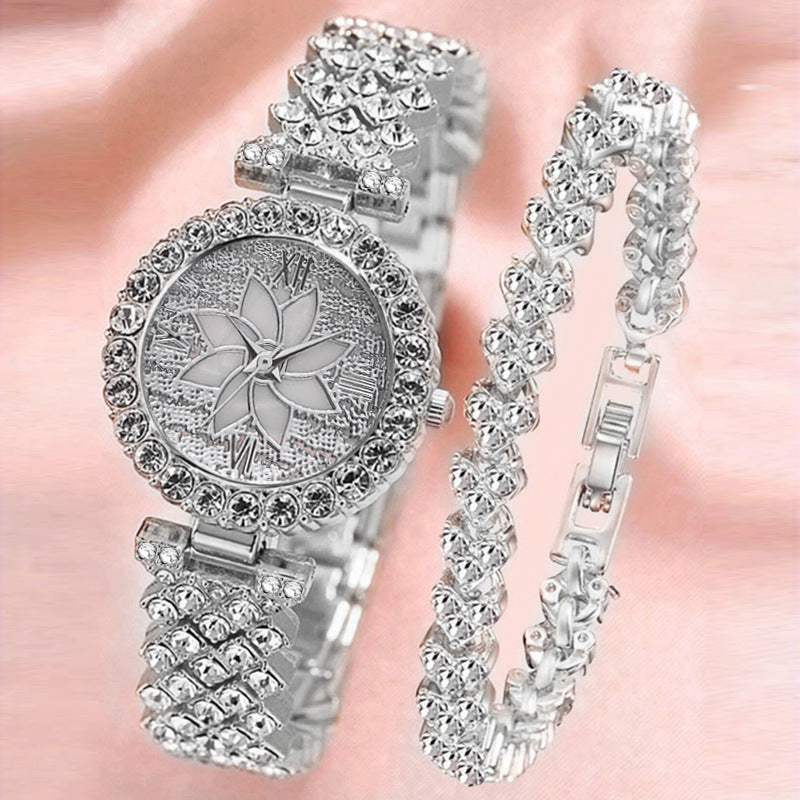 Diamond Embedded Starry Sky Flower Women’s Bracelet and Watch Set