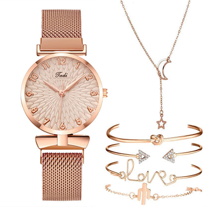 Comfort Gift Set: Woven Disk Belt, Quartz Watch, Necklace, Bracelet Set - 6-Piece Set