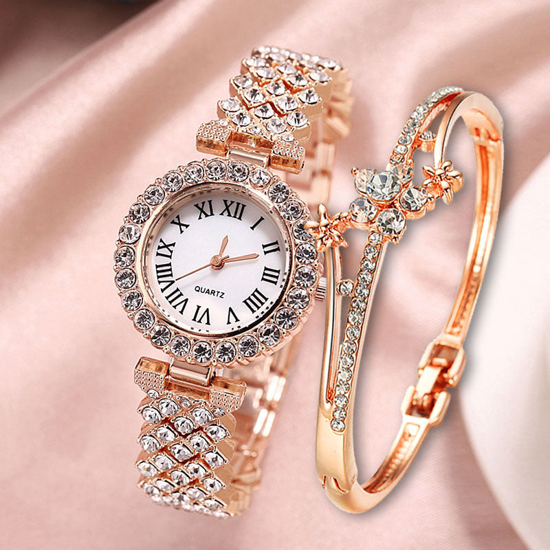 Fashion Luxury Diamond Quartz Watch and Double-Layered Diamond Bracelet Set