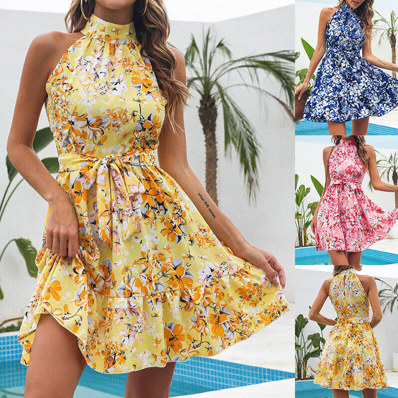 Vestido con cuello Halter y estampado de nuevas flores, vestidos con volantes y cordones a la moda de verano para mujer