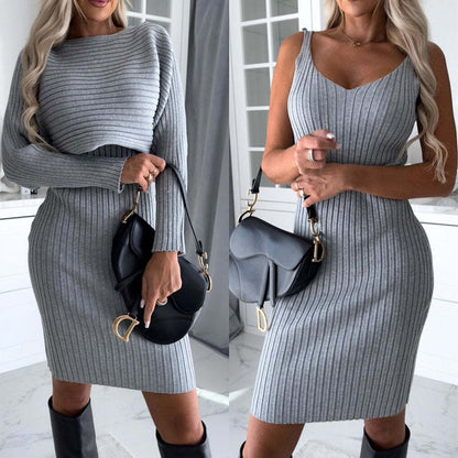 2-Piece Suit with Striped Long-Sleeve Top and Bodycon Strap Skirt - Fashionable Fall/Winter Outfit