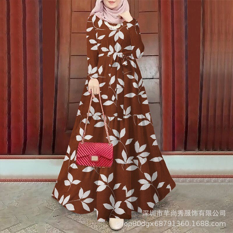 Hijab Round Neck Leaf Patterned Laced Large Swing Dress