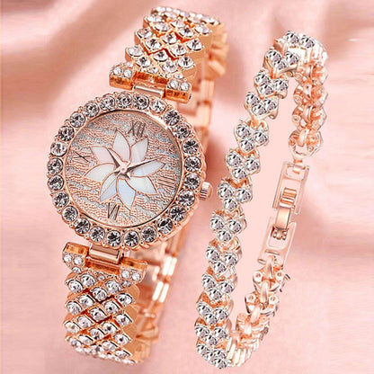 Diamond Embedded Starry Sky Flower Women’s Bracelet and Watch Set