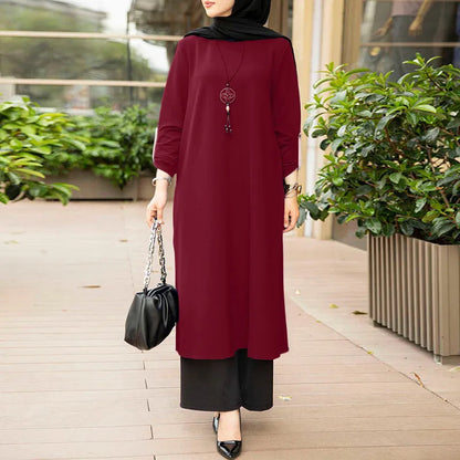 Plain Color Hijab-Appropriate Split Dress