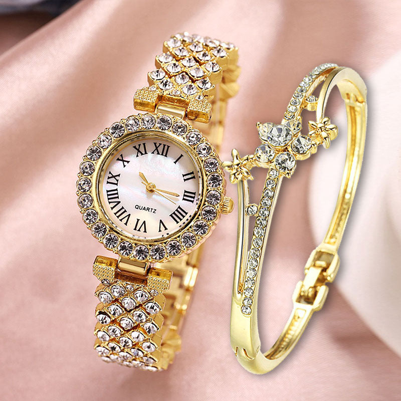 Fashion Luxury Diamond Quartz Watch and Double-Layered Diamond Bracelet Set