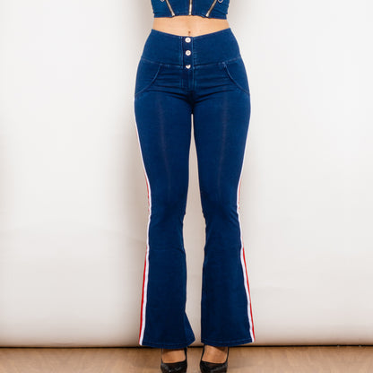 Dark Blue Striped Flared Lift Jeggings Button Up Jeans Bum Lift Jeans High Waist Flare Jeans Women