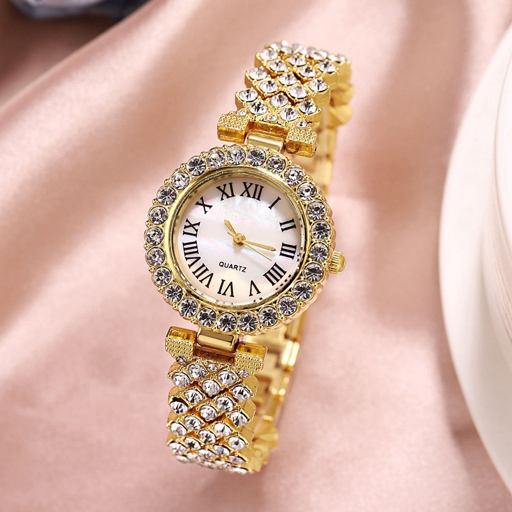 Fashion Luxury Diamond Quartz Watch and Double-Layered Diamond Bracelet Set