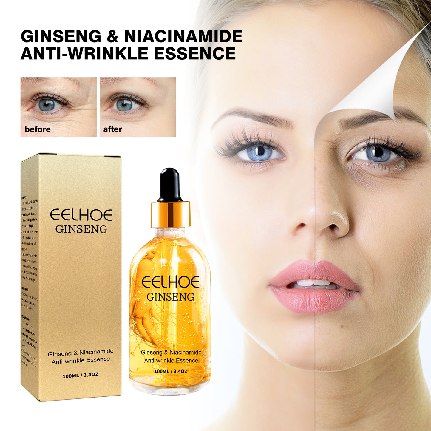 Ginseng Anti Wrinkle Serum, Ginseng Extract Liquid, Ginseng Polypeptide Anti-Ageing Essence, Korean Ginseng Essential Oil Tighten Moisturizing Smooth Skin Reduce Fine Lines