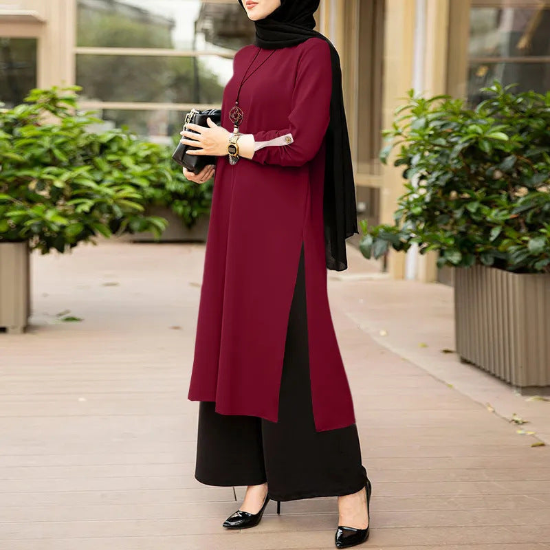 Plain Color Hijab-Appropriate Split Dress