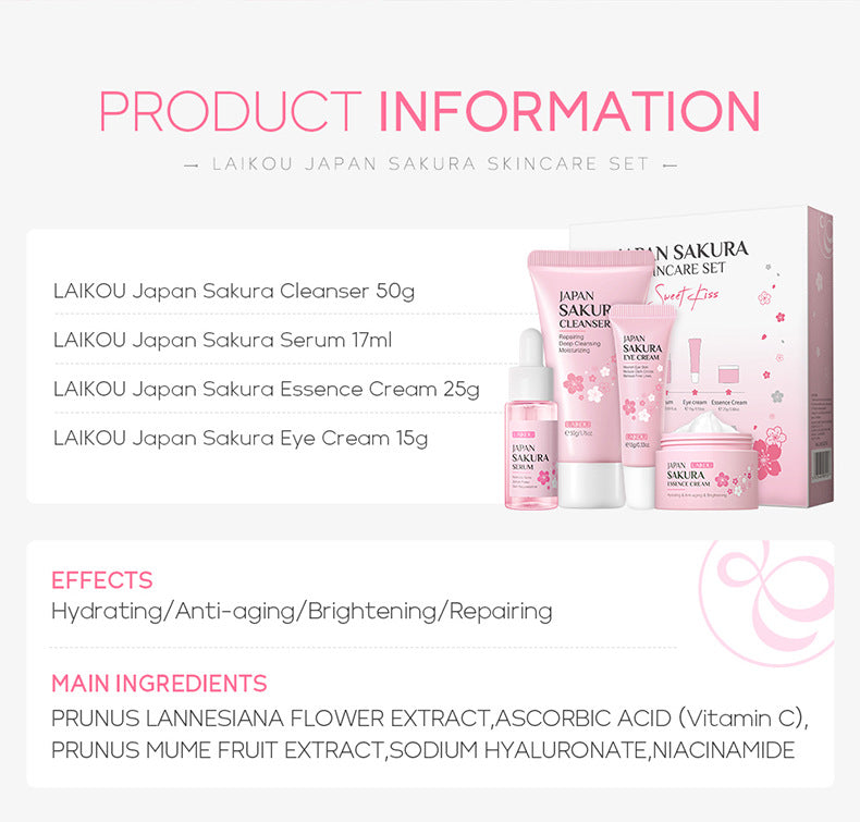 JAPAN SAKURA - LAIKOU Skincare Set with Sakura Extract - 4-Piece Set: Moisturizer, Cleanser, Eye Cream, and Serum - Buy 3, Pay For 2