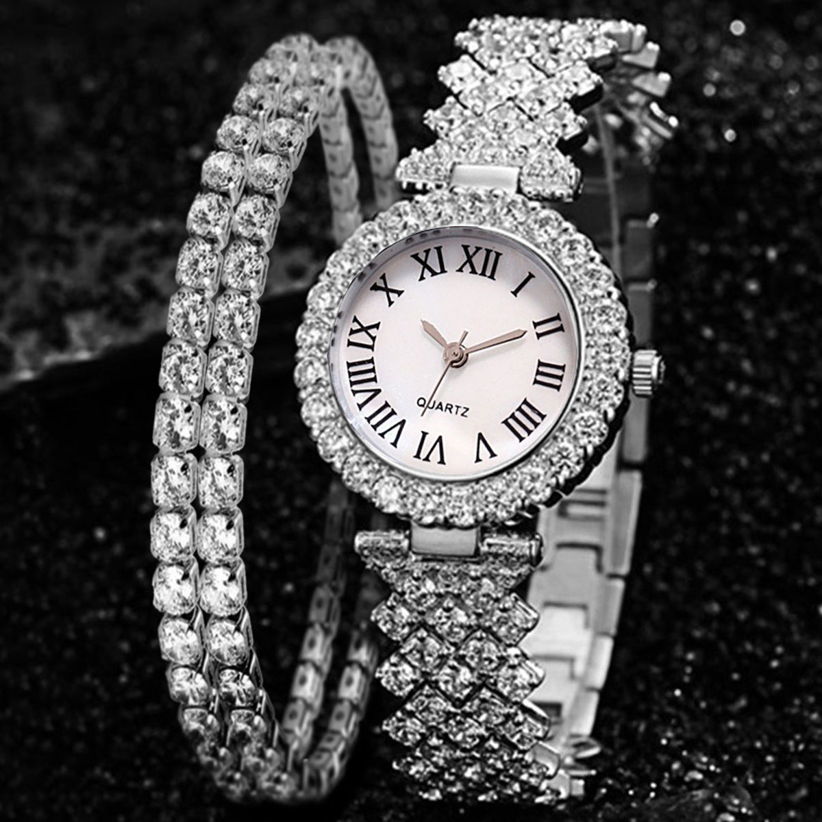 Fashion Luxury Diamond Quartz Watch and Double-Layered Diamond Bracelet Set