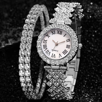 Conjunto de reloj de cuarzo de diamantes de lujo y pulsera de diamantes de doble capa